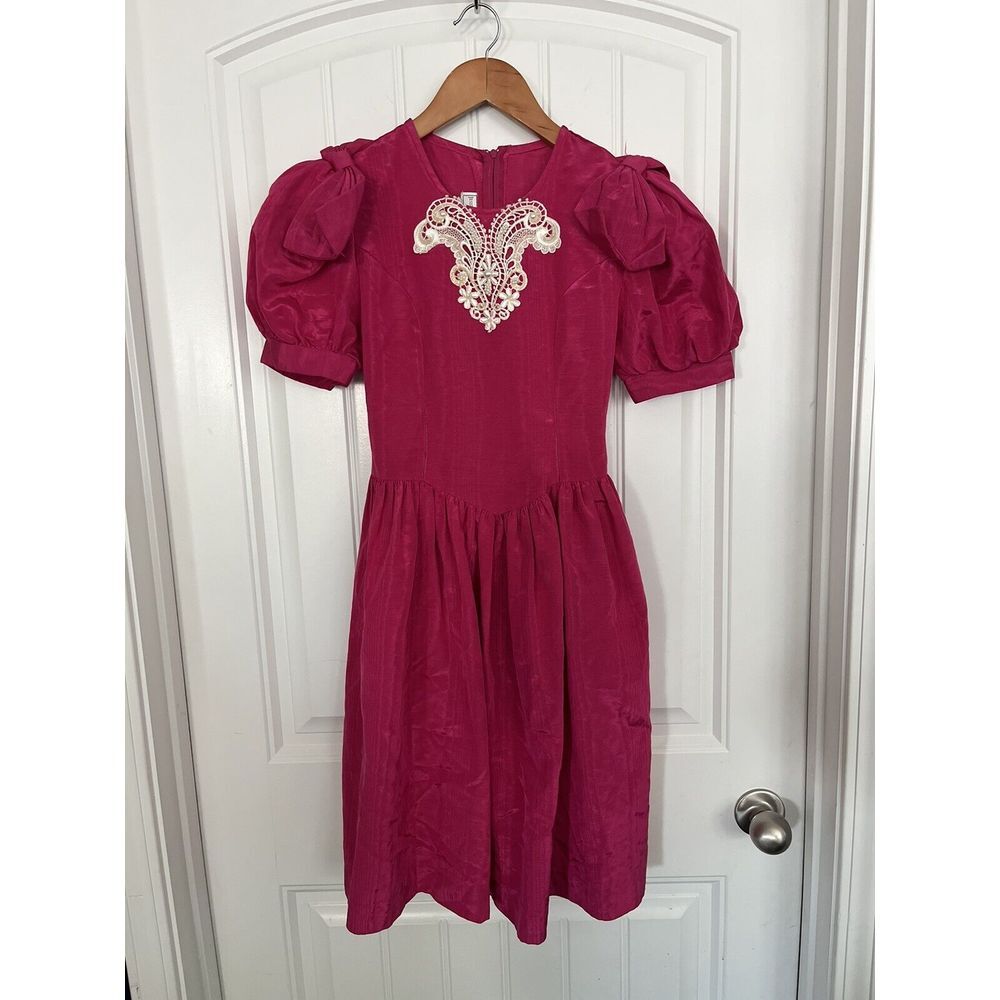 Vintage Jessica McClintock Lace Dress Pink Fuchsia Sz 14 Puffed Sleeves Bow 315